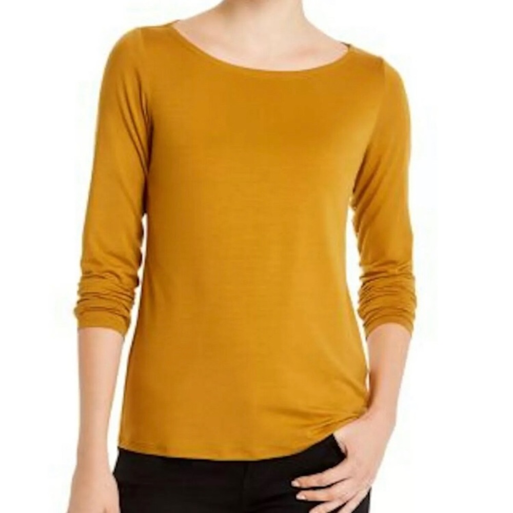 🍂 Eileen Fisher Boatneck Long-Sleeve Fine Tencel Jersey Slim Top Arnica Gold XS